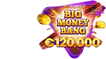 Промо-акция Big Money Bang от 3 Oaks в казино Clubnika с призовым фондом 120 000 евро, представленная на фиолетовом фоне с золотыми монетами и динамитом.